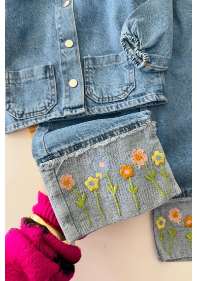 Miniğimin Cicileri Paça Papatya Nakış Detaylı Kız Çocuk Denim Kot 2 Li Takım - Mavi