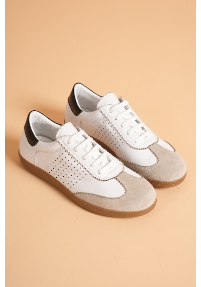 Analin Shoes Kadın Hakiki Deri Bağcıklı Süet Detaylı Spor Ayakkabı Beyaz Vizon