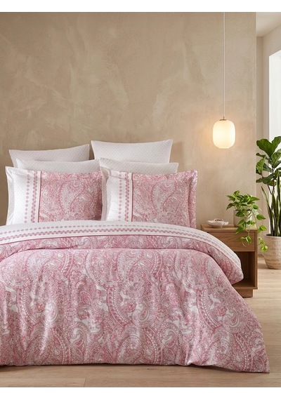 Biçomi Terletmeyen Doğal Pamuk Doku Vintage Paisley Çift Kişilik Nevresim Takımı Pembe