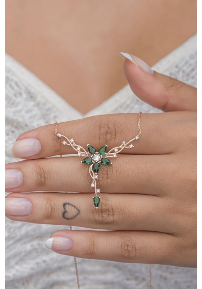 925 Ayar Gümüş Rose Daldaki Gonca Yeşil Çiçek Kolye Rose Gold