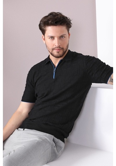 Ferraro Siyah Polo Yaka Fermuarlı Erkek Pamuk Triko T-Shirt-Siyah (490417671) Siyah
