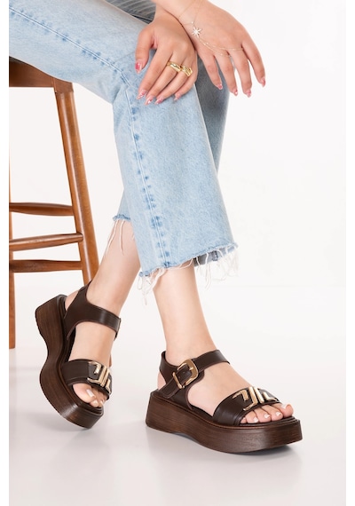 Gondol Hakiki Deri Platform Taban Sandalet Pkr.2401 Kahverengi