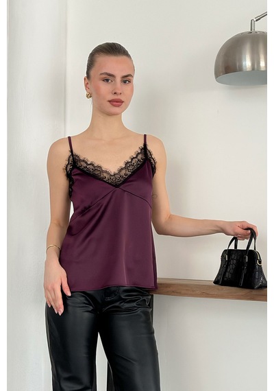 Verymoda Dantel Detaylı Saten Atlet - D2929 MÜRDÜM