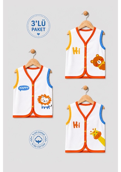 Babyden's 3'lü Bebek Yeleği %100 Pamuk Çıtçıtlı Mevsimlik Yenidoğan Bebek Yelek Seti Safari Baskılı Unisex 0-9 Ay Çok Renkli