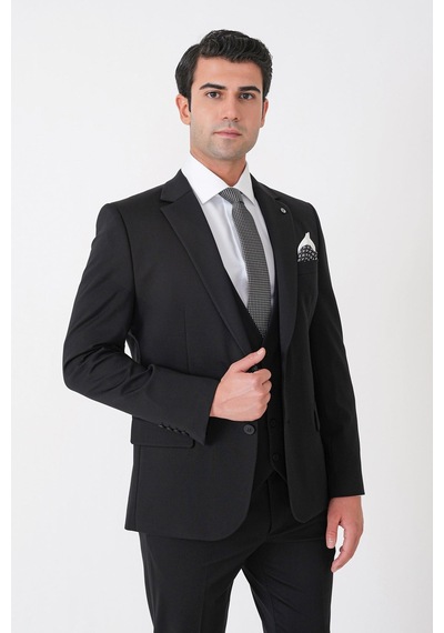 Efor Slim Fit Esnek Pamuklu Dokulu Siyah Yelekli Takım Elbise Tk 959