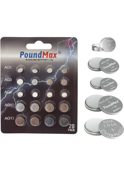 Poundmax 20 Adet Ag1,ag3,ag4,ag10,ag13 Alkalin Karışık Pil