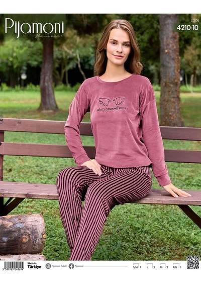 Pijamoni Kadın Kışlık Bisiklet Yaka Likralı Kadife Pijama Takımı 4210/10- 1 Adet 001