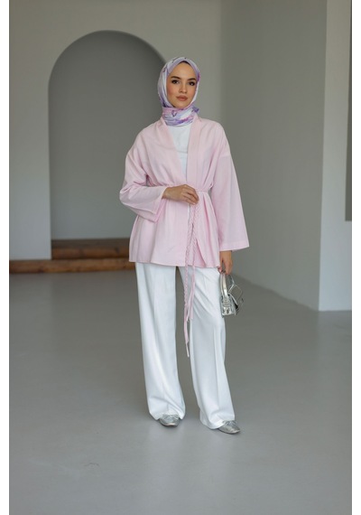 Moonsc Keten Kimono Kemerli Pembe