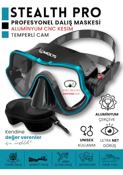 Molys Stealth Pro Alüminyum Dalış Maskesi + Antı Fog Buğu Önleyici Film + Eva Koruyucu Taşıma Kutusu Siyah - Mavi