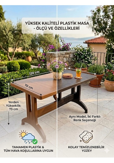 Evko Mobilya Plastik 70x120 Masa, Plastik Masa, Bahçe Balkon Teras Masası, Kare Masa, Dış Mekan Masası Acı Kahverengi