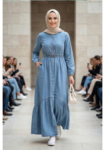 Hb Harma Time Butik Kadın Düğmeli Kuşaklı Koyu Mavi Kot Elbise
