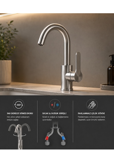Premium İnox Lavabo Bataryası Çeşmesi Musluğu Lüx Ve Modern Tasarım Lavabo Bataryası Krom