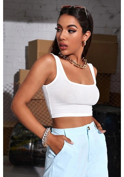 Kapsulavm Kadın Beyaz Kalın Askılı Crop Top Büstiyer