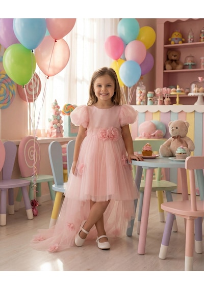 Miss Liva Kız Çocuk Kuyruklu Tüllü Çiçek Detaylı Abiye Elbise Pembe 2-6 Yaş Pembe