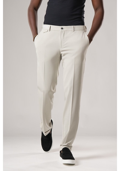 Ecer Slimfit Beli Yarım Lastikli Likralı Duble Paça Yazlık Kumaş Pantolon Açık Gri