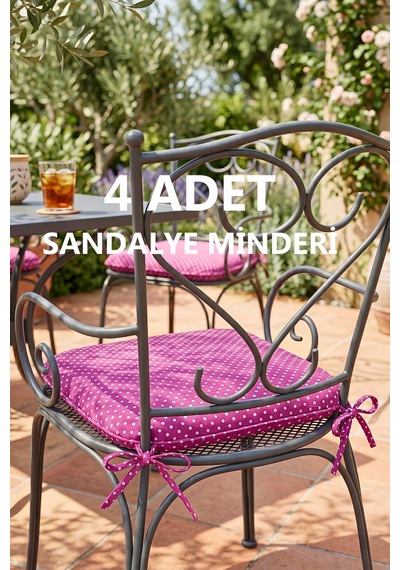 Comfort 4 Adet Sandalye Minderi Bağcıklı Özel Dikişli Süngerli Pamuklu Kumaş Sandalye Minderi Puanlı Fuşya