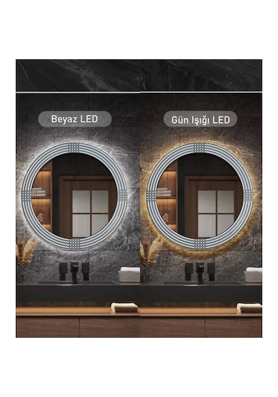 Led Işıklı Safir Gümüş Dekoratif İşlemeli Duvar Aynası Tekli 56cm Gümüş