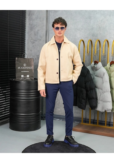 Modefendi Orta Slim Fit Düğme Detaylı Kaşmir Kaban Bej