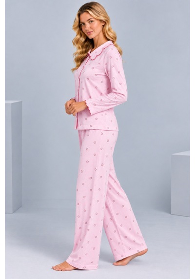 Pijamask Kadın Çiçek Desenli Bebe Yaka Düğmeli Uzun Kollu Müslin Pijama Takımı Pembe
