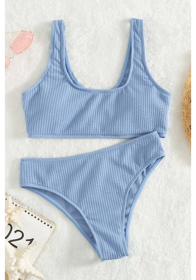 Angelsin Özel Fitilli Kumaş Yüksek Bel Tankini Bikini Takım Mavi