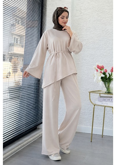 Asimetrik Tunik Pantolonlu Tesettür İkili Takım Krem