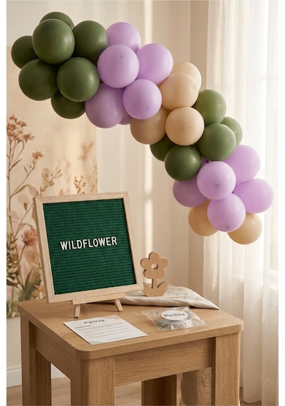 Kır Çiçeği Temalı Doğum Günü Süsleme Classic Set Koyu Yeşil Keçe Yazı Panosu Standlı Balon Zincirli Cottagecore Seti Tüm Yaşlar