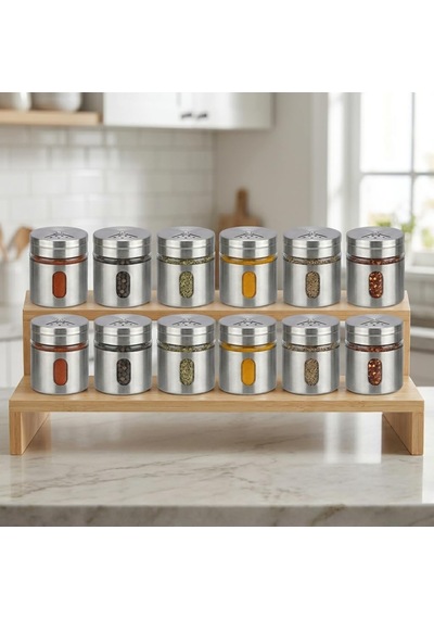 Deconox 12'li Metal Kaplı Cam Baharatlık Seti 60 Ml - Döner Başlıklı Paslanmaz Çelik Baharat Takımı Diğer