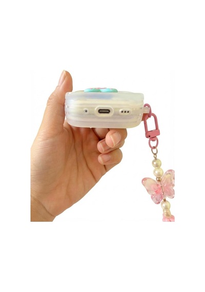 Kulaklık Kılıfı Apple AirPods Pro 1-2 Uyumlu Şeffaf - 3d Kabartmalı Butterfly Figürlü, Hologram Askı Zincirli Darbeye Dayanıklı Kılıf