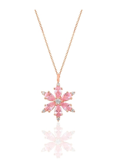 Gümüş Rose Pembe Taşlı Kar Tanesi Kolye