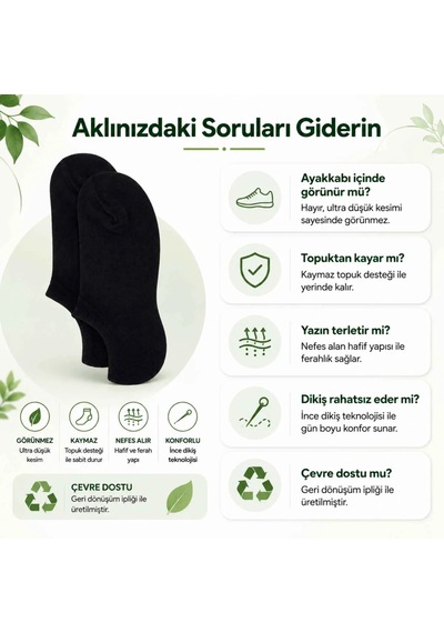 Çorap Giyim Kadın Geri Dönüşüm İplikli 6 Lı Görünmez Sneaker Çorap, İnce Dikişli Nefes Alan Babet Çorap Siyah Beyaz Gri