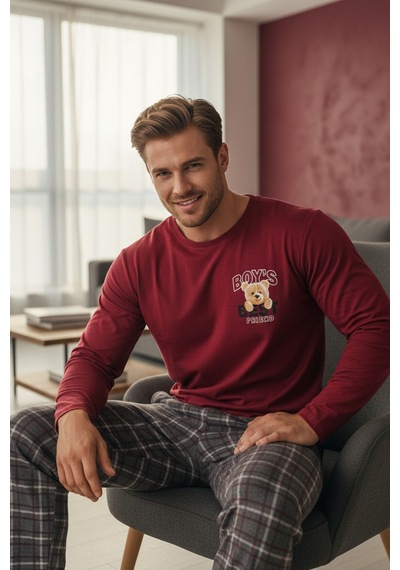 Siyah İnci Deve Baskılı Uzun Kollu Örme Pijama Takım Bordo