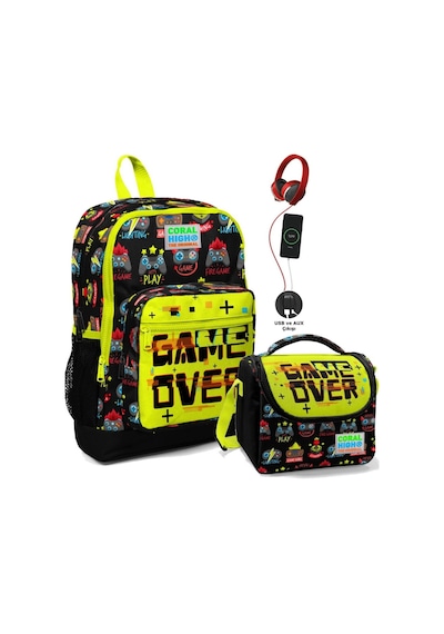 Coral High Okul Çantası Ve Termal Beslenme Çanta Seti - Kız Çocuk Game Over Usb Ve Aux Çıkışlı