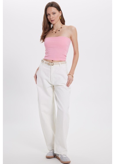 Tudors Kadın Slim Fit Dar Kesim Pamuklu Straplez Pembe Bluz-38845 Pembe