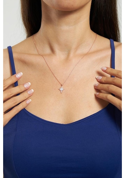 Zirkon Taşlı Rose Kuzey Yıldızı Minimal Gümüş Kolye