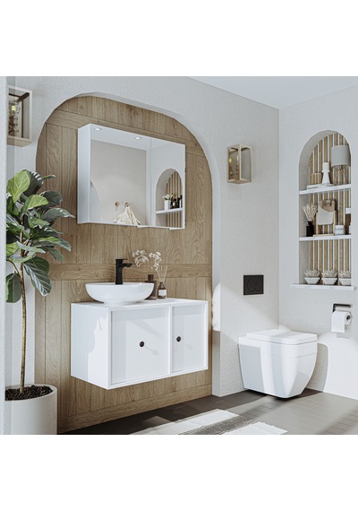 Lavabolu Mat Mdf 75 Cm Çekmeceli Dolabı + Aynalı Dolabı Beyaz Mat Beyaz