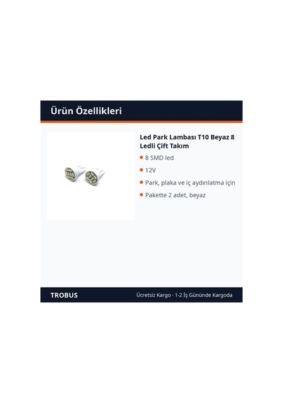 Trobus Led Park Lambası T10 Beyaz 8 Ledli Çift Takım