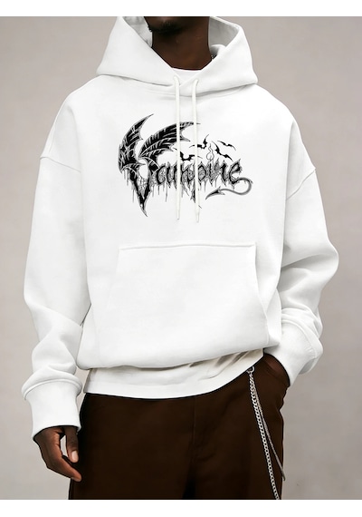 Startmore Tarzsokak Vampir Yarasa Kanatları Desen Erkekler Temel Tüm Maç Hoody Gevşek Polar Elbise Rahat Cep Kaza Beyaz