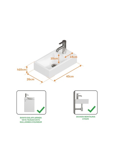 Minizia Lavabo Beyaz 45x26x10 Cm Sağdan Delikli, Taşma Deliksiz