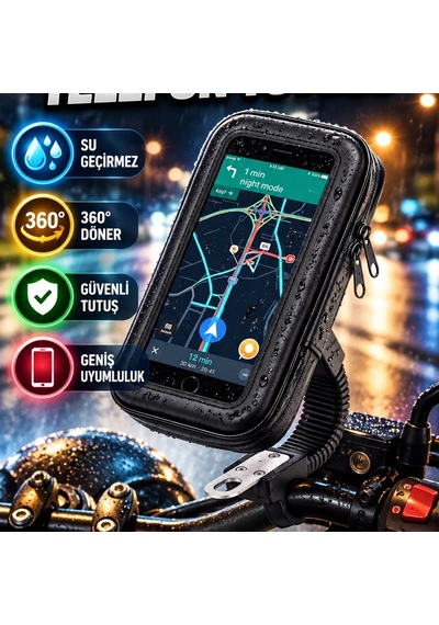 Su Geçirmez Gidon Tipi Telefon Tutucu 360 Döner Bisiklet, Scooter Ve Motosiklet Uyumlu
