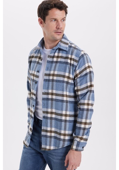 Tudors Erkek Slim Fit Dar Kesim Kareli Kışlık Oduncu Gömlek-42184 Mavi