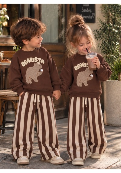 Bearista Ayı Baskılı Sweatshirt Çizgili Eşofman 3ip Alt Üst İkili Takım Kahverengi