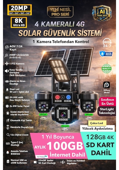 20mp 8k 4 Kamera 1 Otomatik 100gb İnternet Ve 128gb Sd Kart Dahil 4g Solar Güneş Enerjili Kamera