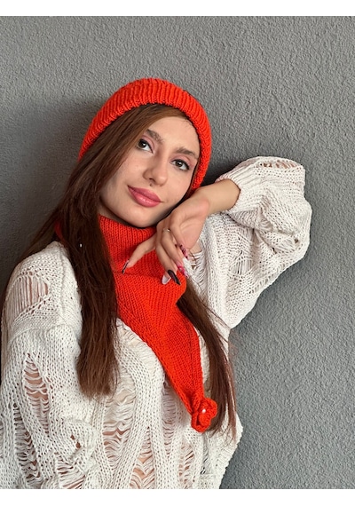 Gönülden Tasarım El Örgüsü Yumuşak Kadın Bere Boyunluk Set Turuncu