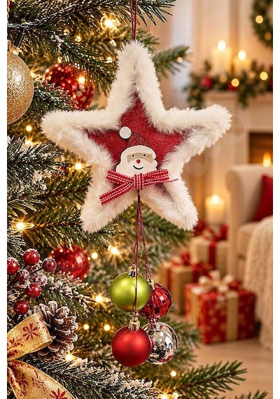 Yılbaşı Ağacı Süsü Noel Baba Figürlü Peluş Kırmızı Yıldız Diğer