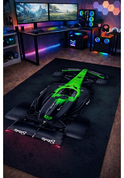 Formula 1 Neon Yeşil Yarış Arabası Halı Kaymaz Taban Yıkanabilir Gamer Odası Halısı F1.10 F1.9