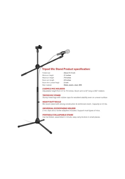 Coverzone 180cm Maksimum Uzunluk Mikrofon Standı Multi Fonksiyonel 2in1 Microphone Katlanabilir Açısı Ayarlanabilir Zemin Üstü - Model 103 1