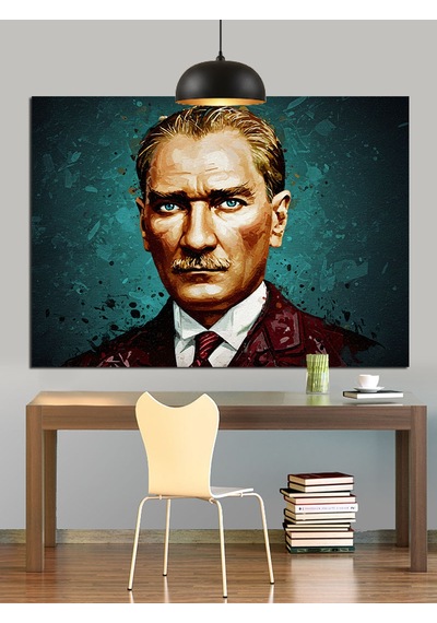 Yeşil Fonlu Atatürk Portresi Dekoratif Kanvas - Mdf Ahşap Tablo