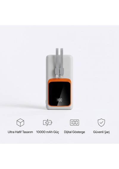 10000 Mah Akıllı Powerbank - Ultra Hafif, Dijital Led Göstergeli Beyaz