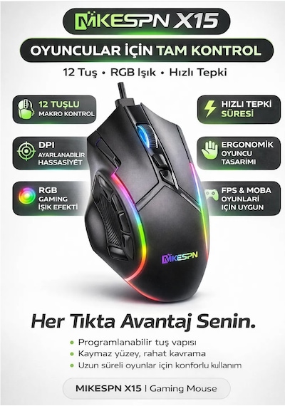 Mıkespn X15 Rgb Oyuncu Mouse 12 Tuş Ayarlanabilir Dpı