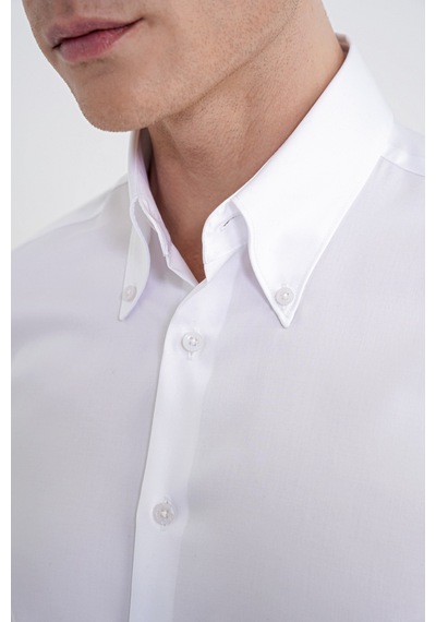 Slim Fit Düğmeli Yüksek Yaka %100 Pamuk Saten Düz Beyaz Gömlek Gk 760